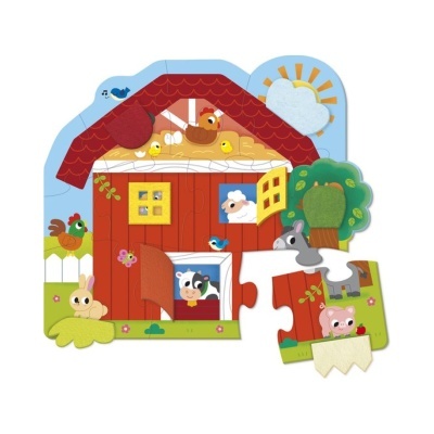 Puzzle infantil com imagem de uma quinta vermelha e animais