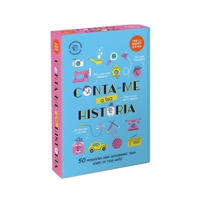 Caixa de jogo Conta-me a tua história azul com lombada rosa e desenhos coloridos