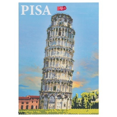 Postal da Torre de Pisa feito de cristais coloridos com texto 'PISA'