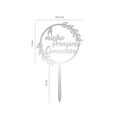 Elemento decorativo prateado com texto A minha Primeira Comunhão e folhas, com dimensões indicadas.
