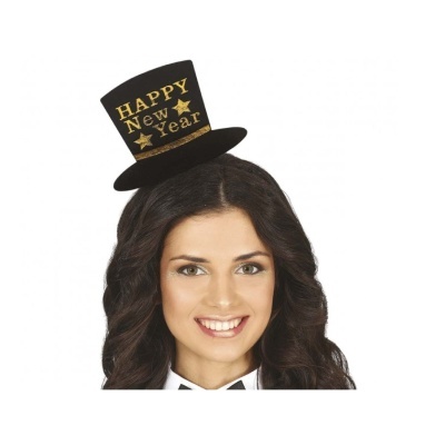 Chapéu alto preto pequeno com 'HAPPY New Year' em dourado