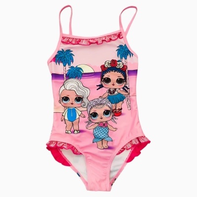 Fato de banho infantil rosa com bonecas LOL Surprise e detalhes em renda vermelha