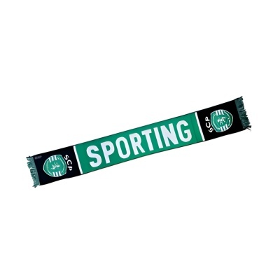 Cachecol Sporting cores verde, branco e preto com letras e logótipos