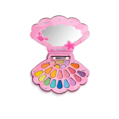 Paleta de maquilhagem em forma de concha cor-de-rosa com sombras coloridas e espelho