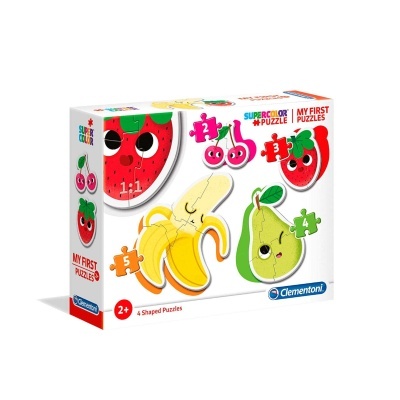 Caixa de puzzles para crianças com frutas sorridentes e texto de identificação.