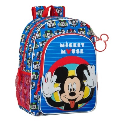 Mochila infantil azul com estampa do Mickey Mouse e detalhes vermelhos
