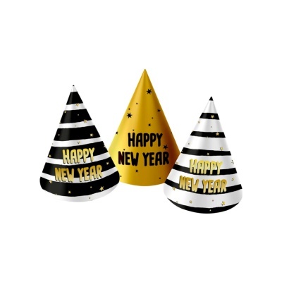 Três chapéus de festa cónicos com texto HAPPY NEW YEAR, dois listrados a preto e branco e um amarelo com estrelas pretas