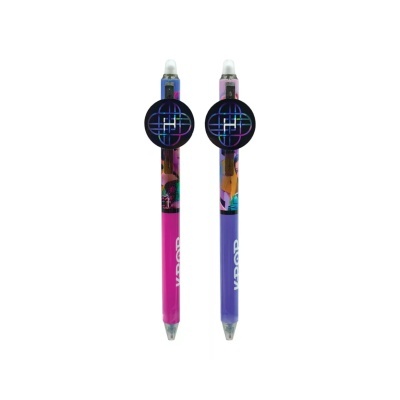 Dois tinteiros para canetas esferográficas, cores rosa e roxo, com padrão gráfico colorido.