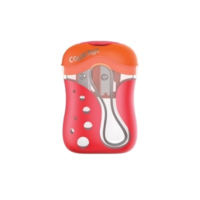 Apontador de lápis vermelho e laranja com visor transparente