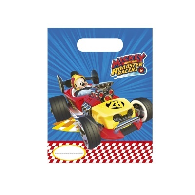 Sacola para festas com Mickey Mouse em carrinha de corrida azul e amarela