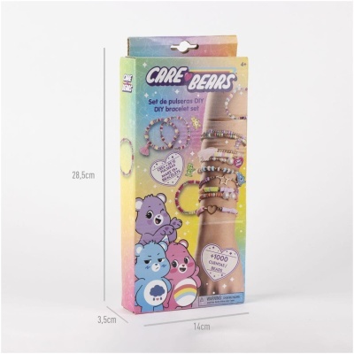 Caixa colorida de conjunto de pulseiras DIY Care Bears com pulseiras coloridas exibidas no braço.