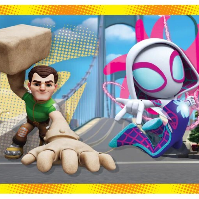 Duas figuras animadas em ambiente de ponte, uma com bloco bege e outra com fato branco e rosa.