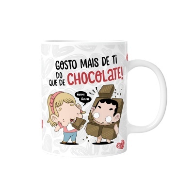Caneca branca com ilustração de personagens e texto sobre gosto por chocolate
