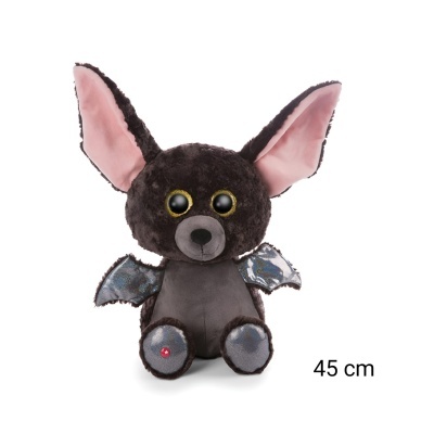 Pelúcia morcego castanho escuro com asas azuis e orelhas rosas.