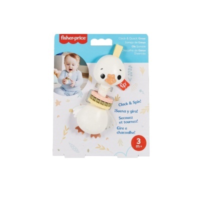 Brinquedo Fisher-Price ganso branco com anéis coloridos em embalagem azul clara e branca