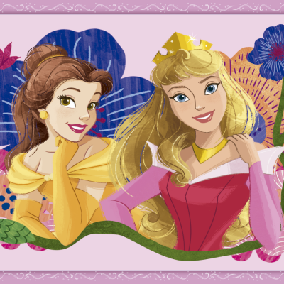 Ilustração de duas princesas Disney com flores e fundo púrpura