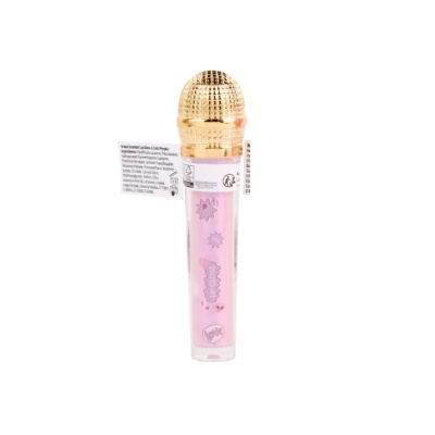 Microfone de brinquedo cor-de-rosa com cobertura dourada e etiquetas informativas