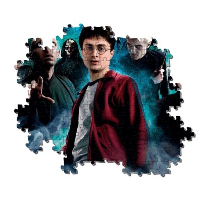 Puzzle com personagens de Harry Potter em cores azul, preto e vermelho