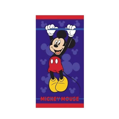 Toalha de banho azul com desenho do Mickey Mouse e texto 'MICKEY MOUSE'