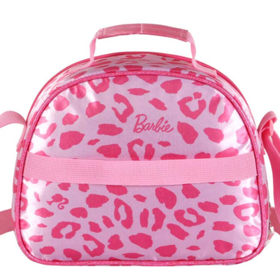 Mala cor-de-rosa para criança com padrão de manchas cor-de-rosa escuro e texto Barbie