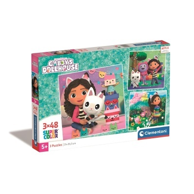 Caixa de puzzle Gabby's Dollhouse com 3 puzzles de 48 peças.