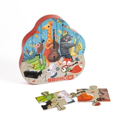 Puzzle infantil de madeira com animais músicos coloridos e caixa em forma de nuvem