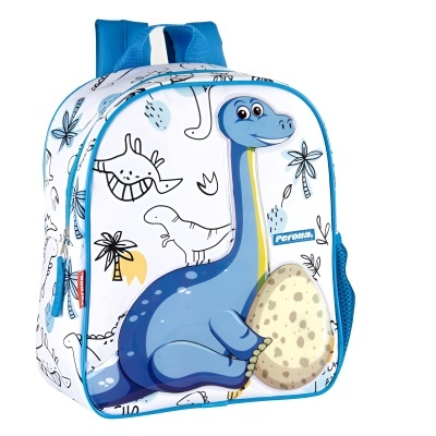 Mochila infantil com estampa de dinossauros e figura azul segurando ovo