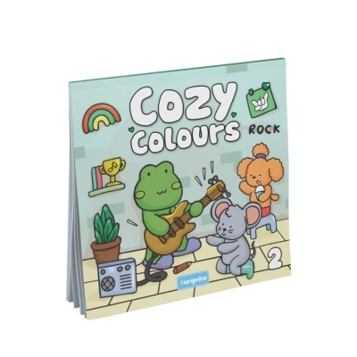 Capa de livro infantil Cozy Colours com ilustrações coloridas de animais e objetos.