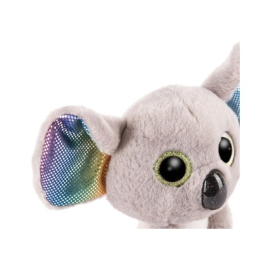 Pelúcia cinzenta com olhos grandes e orelhas coloridas metálicas