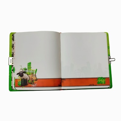 Caderno aberto com ilustrações e texto Shaun