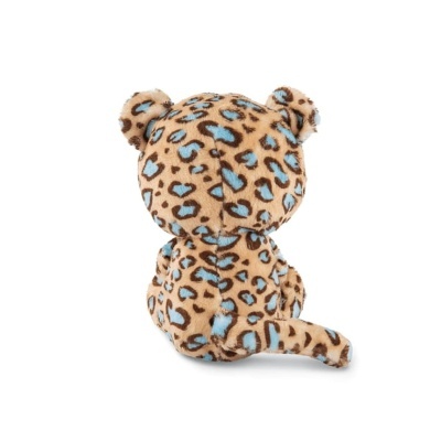 Pelúcia de leopardo com padrão castanho e azul vista de trás