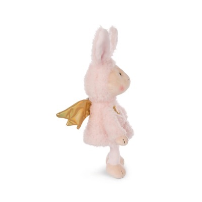Pelúcia coelho cor-de-rosa com asas douradas de lado