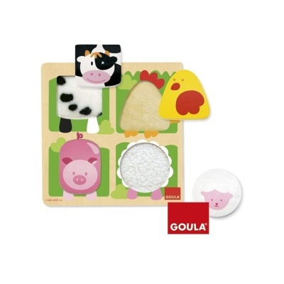 Puzzle infantil de madeira com animais táteis e coloridos da marca Goula