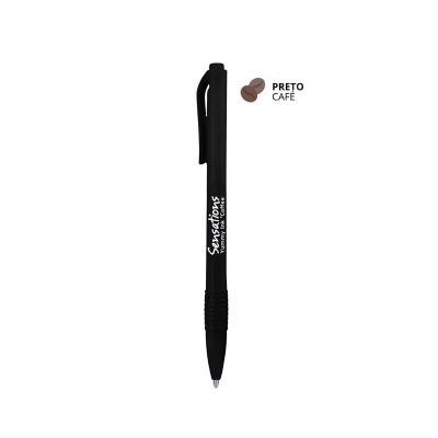 Caneta preta com clip e inscrição branca Satisfactions VIVIA MARKETING