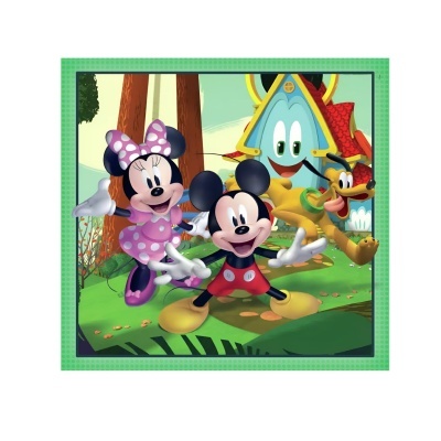 Ilustração com personagens Disney: Minnie, Mickey, Pato Donald e figura amarela, moldura verde