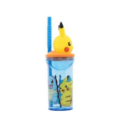 Copo de plástico azul com personagens Pokémon e topper de Pikachu