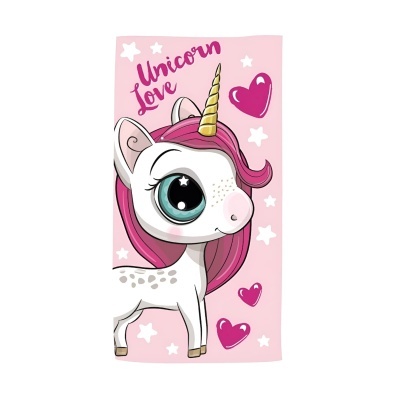 Toalha rosa com desenho de unicórnio e texto Unicorn Love