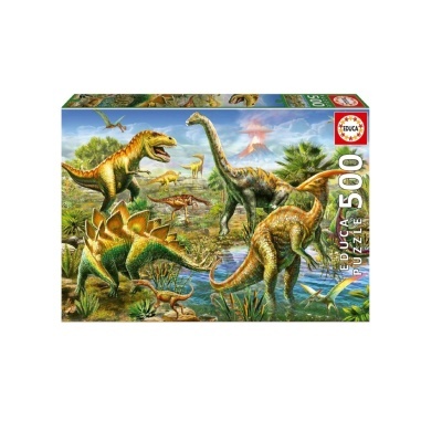 Caixa de puzzle EDUCA 500 peças com imagem de dinossauros numa paisagem pré-histórica.