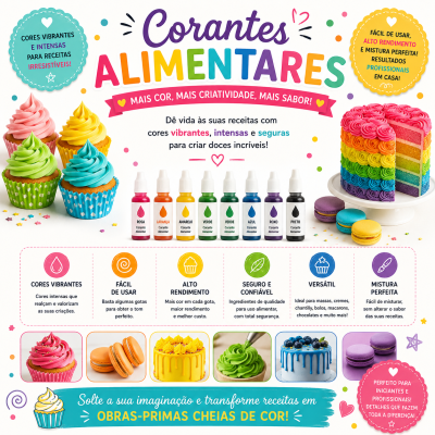 Corantes alimentares em frascos pequenos com cupcakes, bolo colorido e macarons