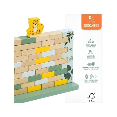 Jogo de blocos de madeira coloridos com figura amarela no topo e embalagem da marca ZOOKABEE