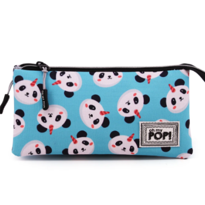 Estojo azul com padrão de pandas e fecho preto