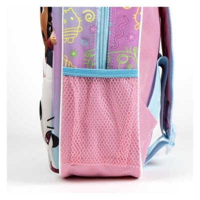 Mochila infantil rosa, lilás e azul claro com rede elástica na lateral