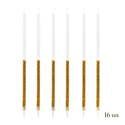 Seis velas finas com glitter dourado na metade inferior
