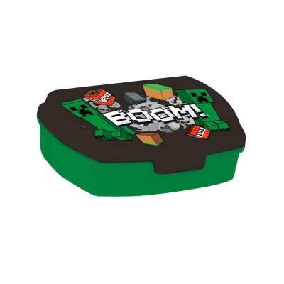 Caixa de plástico verde com tampa preta decorada com personagens de Minecraft e texto BOOM!