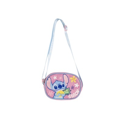 Bolsa infantil rosa com desenho bordado da personagem Stitch e correia azul clara