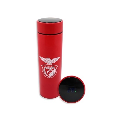 Garrafa térmica vermelha com tampa digital e emblema Benfica