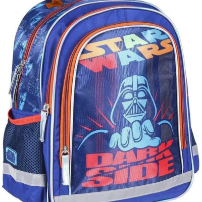 Mochila azul com estampado Star Wars, texto STAR WARS e DARK SIDE