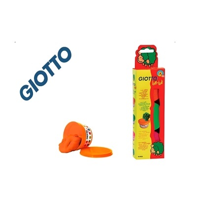 Massa de modelar laranja com embalagem GIOTTO be-bè e caixa colorida com desenho de ovelha.