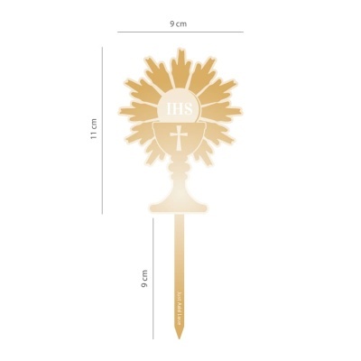 Topper decorativo dourado em forma de cálice com hóstia e raio solar