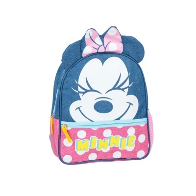 Mochila infantil azul e rosa com desenho da Minnie e laço no topo